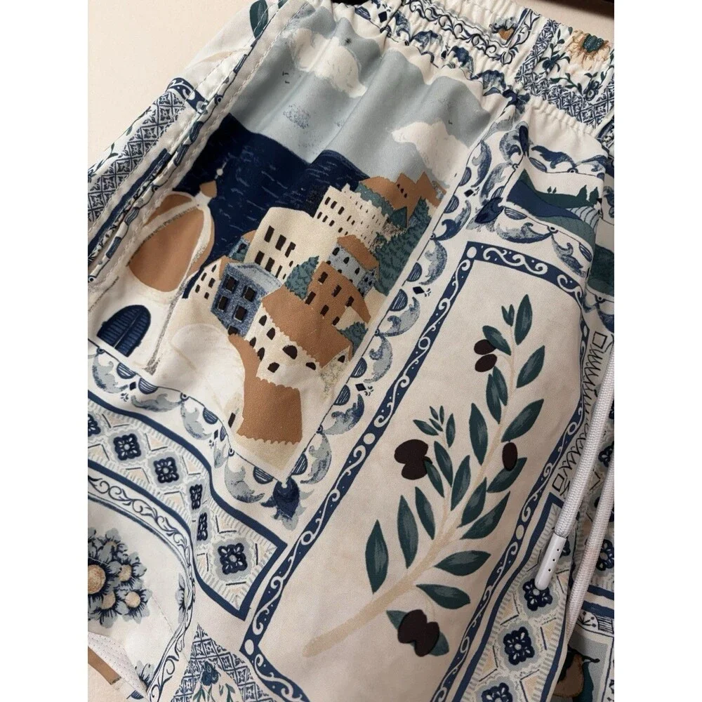Abercrombie & Fitch 3inch cabana postcard print swim shorts in blue Size XS